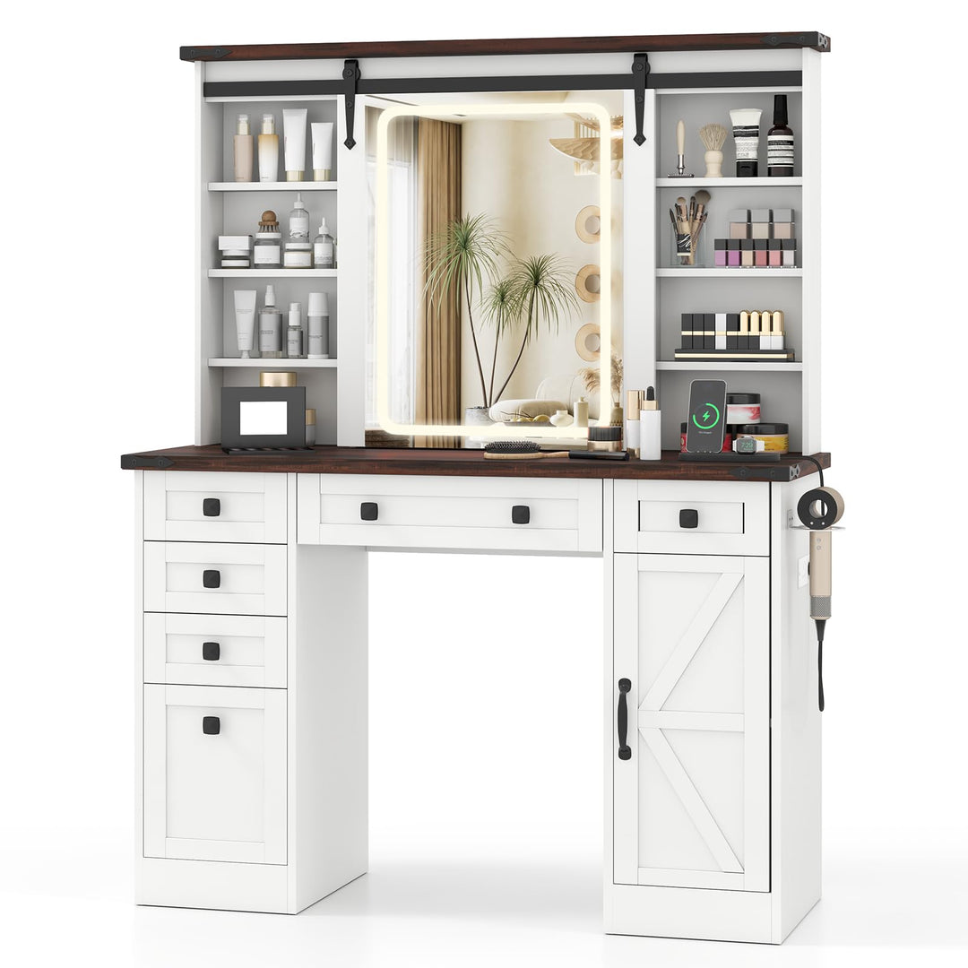 CHARMAID Farmhouse Vanity Table with Barn-Style Sliding Lighted Mirror 45 in Makeup Vanity Desk with Charging Station