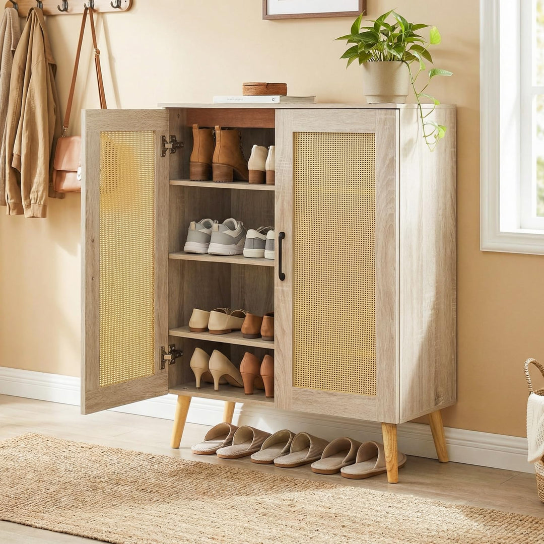 Giantex Shoe Cabinet with Doors 4-Tier Rattan Shoe Rack Organizer Cabinet(Rattan Door)