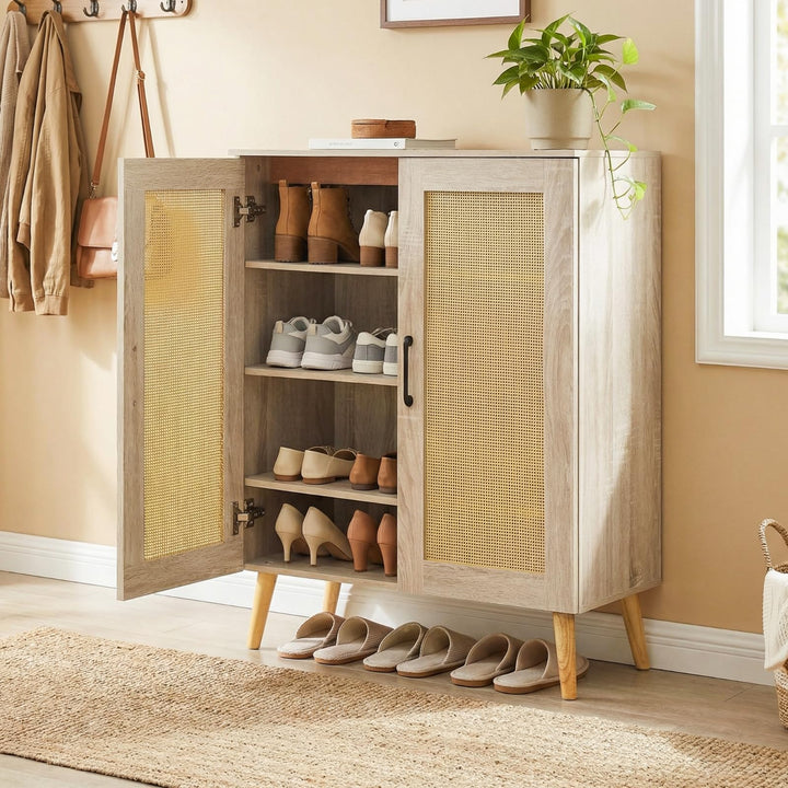Giantex Shoe Cabinet with Doors 4-Tier Rattan Shoe Rack Organizer Cabinet(Rattan Door)