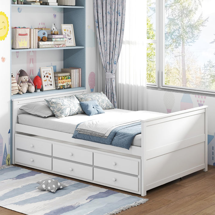 Giantex Full Size Bed Frame with Twin Trundle &amp; 3 Storage Drawers