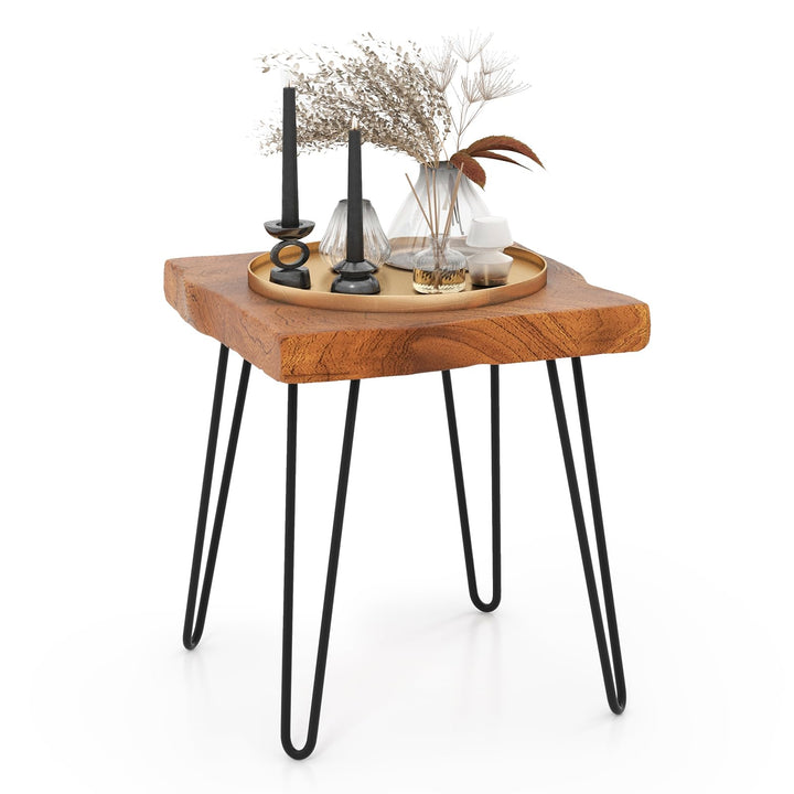 Giantex Teak Wood End Table, Solid Live Edge Outdoor Side Table w/Natural Grain &amp; Heavy-Duty Metal Legs