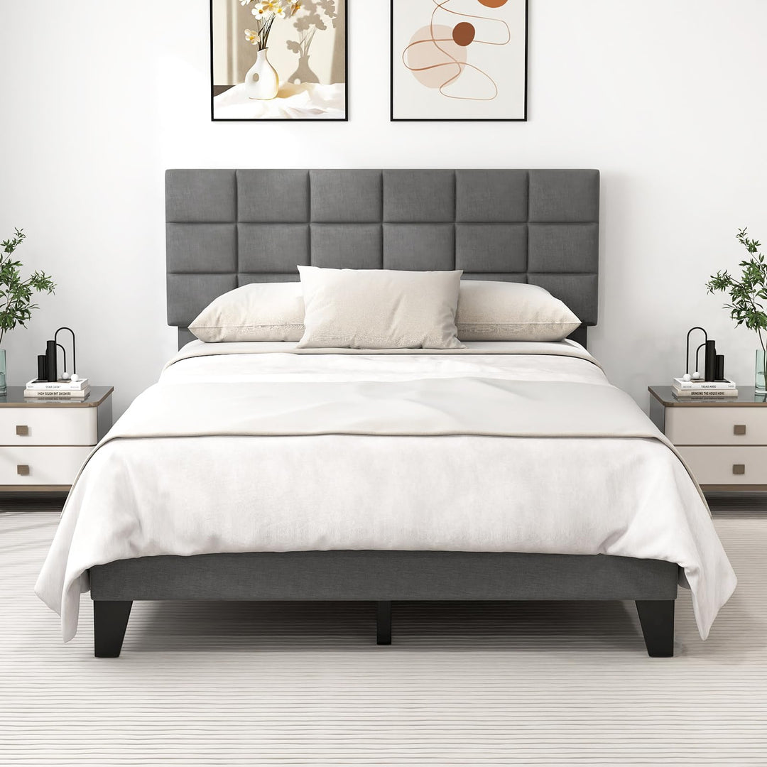 Giantex Full Size Platform Bed, Linen Fabric Upholstered Bed Frame with Adjustable Headboard &amp; Wooden Slat Support