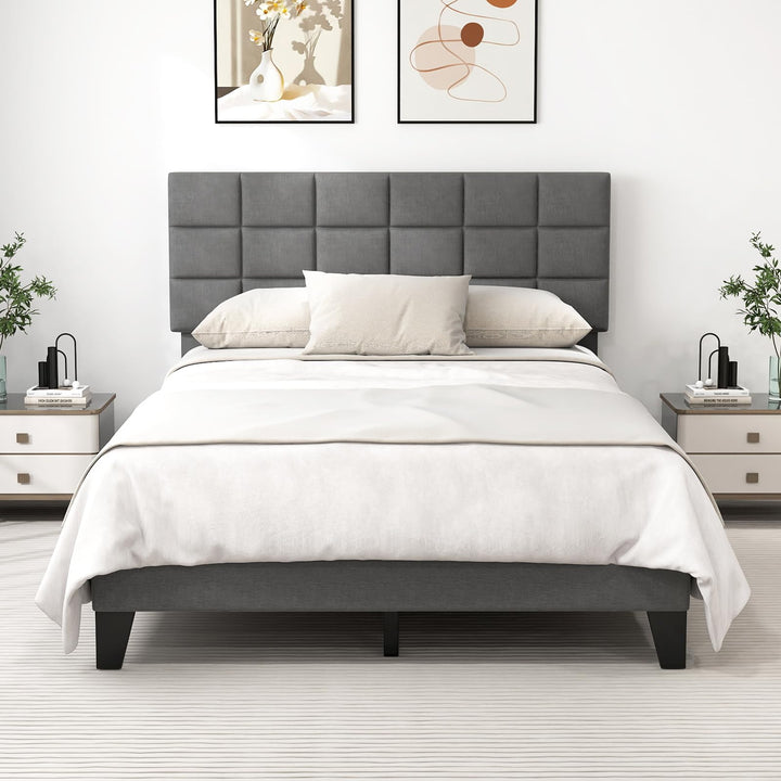 Giantex Full Size Platform Bed, Linen Fabric Upholstered Bed Frame with Adjustable Headboard &amp; Wooden Slat Support