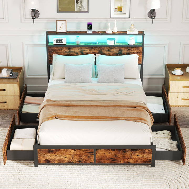 Giantex Queen/Full Size LED Bed Frame with Charging Station &amp; 4 Storage Drawers