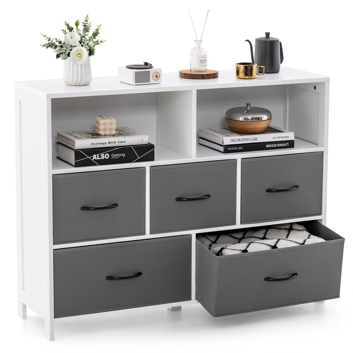 Giantex Storage Cabinet with 5 Drawers &amp; 2 Cube Shelves, Chest of Drawers, Console Table, White &amp; Grey