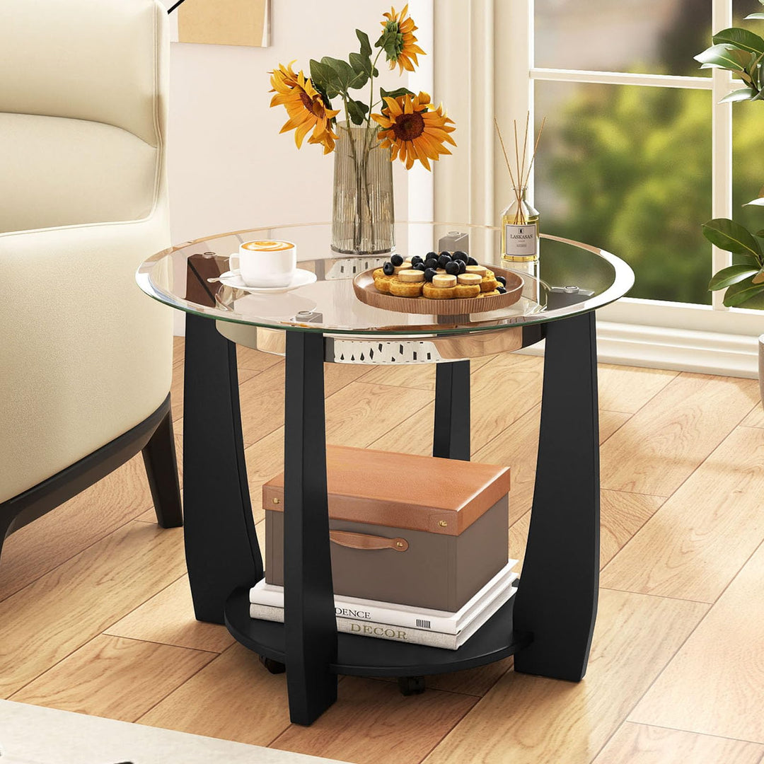 Giantex Round Glass Coffee Table 32" Rolling Center Tables with Wheels