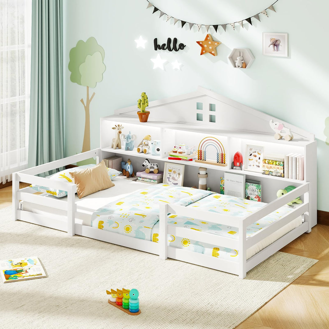 Giantex Montessori Floor Bed with LED Lights 2-in-1 Wooden House Bed Frame with Safety Guardrails