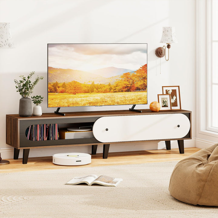 Giantex TV Stand for 80 Inch TVs Mid Century Modern Entertainment Center with Sliding Door Cabinet