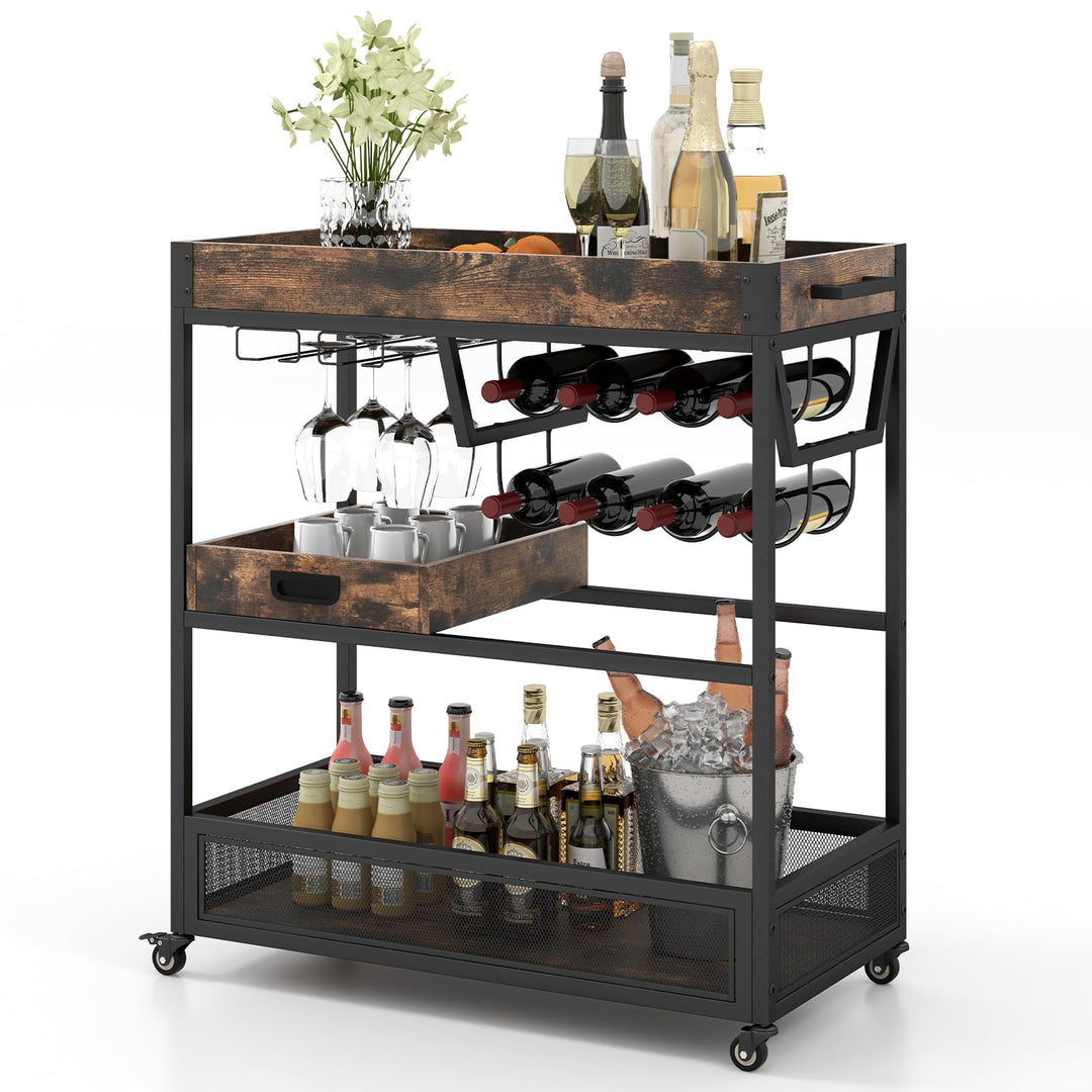 Giantex Rolling Bar Cart, 3-Tier Industrial Buffet Serving Cart with Wine Rack, Stemware Rack &amp; Removable Tray