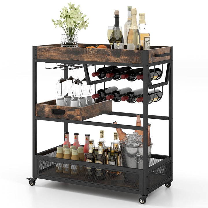Giantex Rolling Bar Cart, 3-Tier Industrial Buffet Serving Cart with Wine Rack, Stemware Rack &amp; Removable Tray