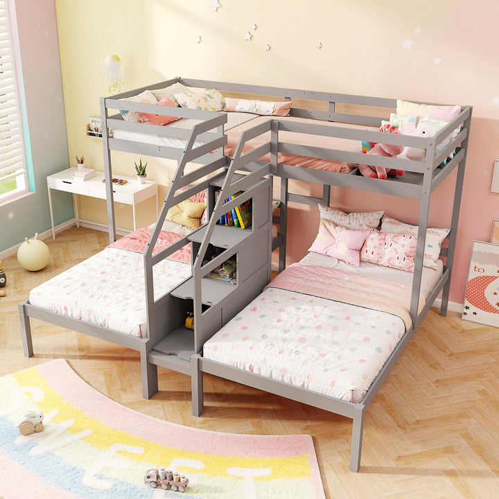 Giantex Twin Over Twin &amp; Twin Bunk Bed Triple Bunk Beds with 4-Step Storage Stair