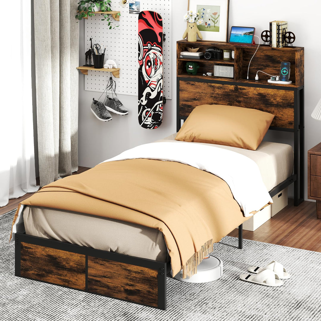 Giantex King/Queen/Twin Size Bed Frame with Storage Headboard and Charging Station, Industrial Metal Platform Bed