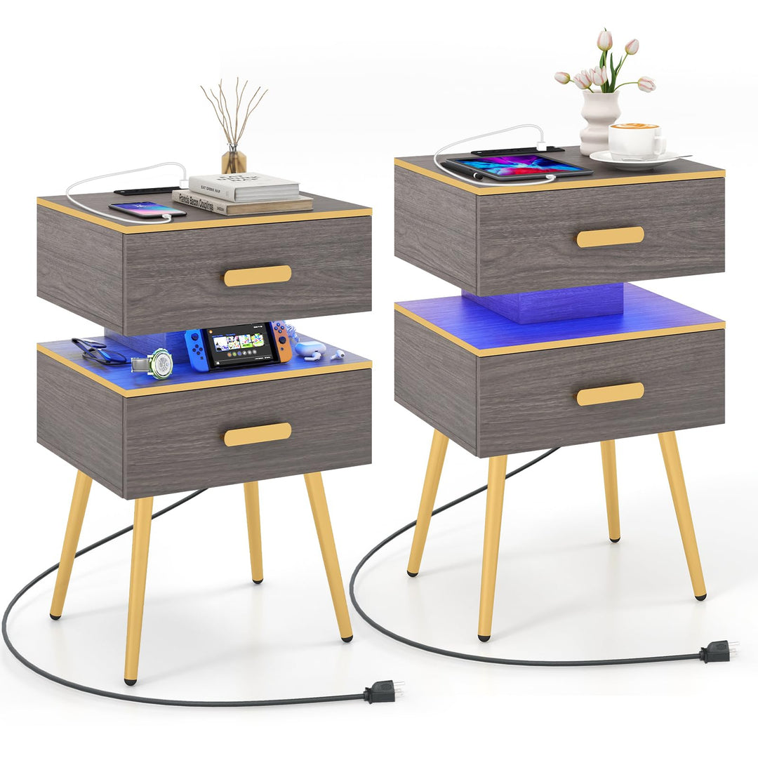 Giantex Nightstand with Charging Station &amp; LED Lights, 28.5" Bedside Table with 2 Drawers