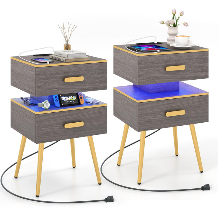 Giantex Nightstand with Charging Station &amp; LED Lights, 28.5" Bedside Table with 2 Drawers