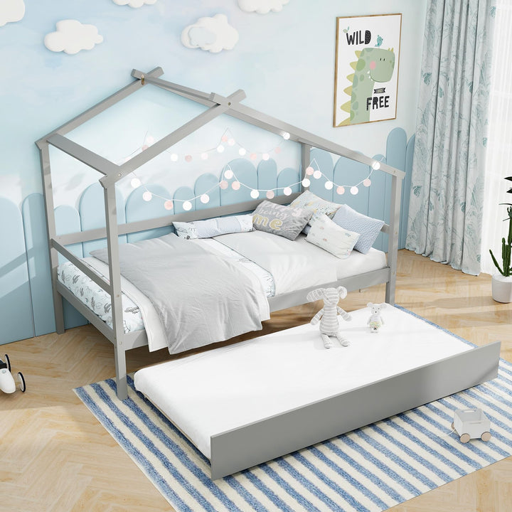 Giantex Wood House Bed for Kids, Twin Bed Frame with Trundle Bed Twin