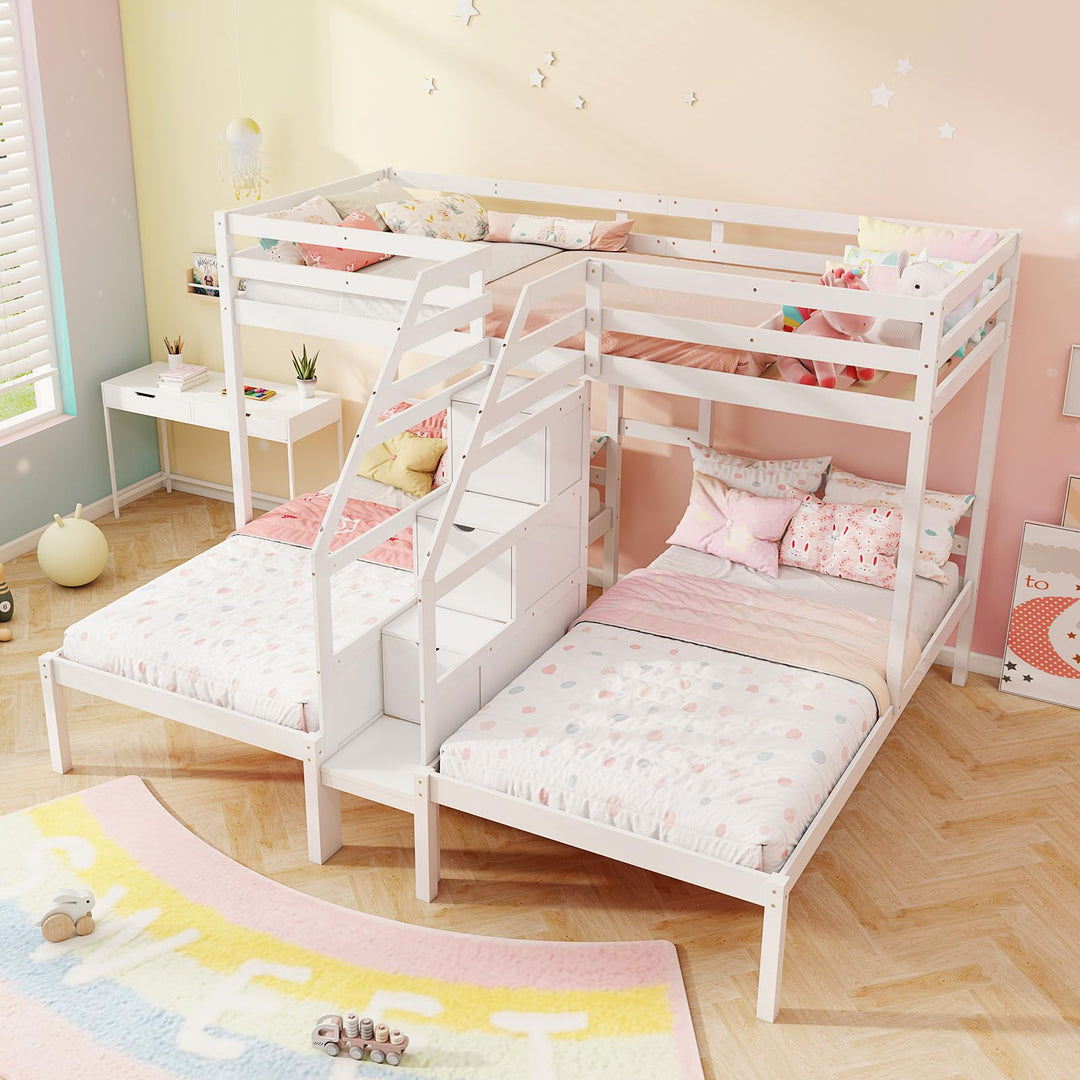 Giantex Twin Over Twin &amp; Twin Bunk Bed, Triple Bunk Beds with 4-Step Storage Stair, Wooden 3 Bunk Beds for Kids Teens
