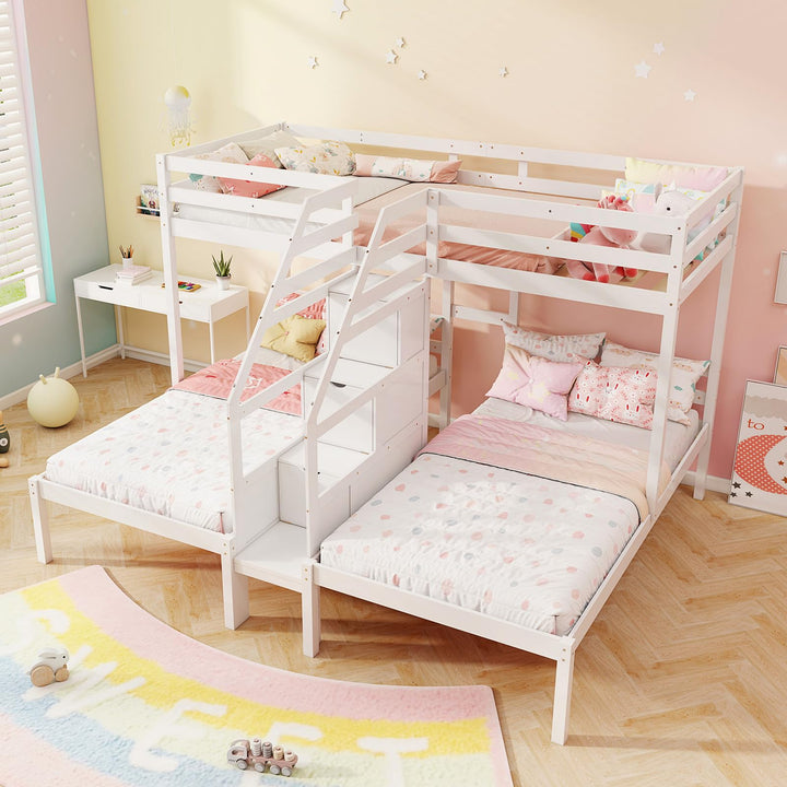 Giantex Twin Over Twin &amp; Twin Bunk Bed, Triple Bunk Beds with 4-Step Storage Stair, Wooden 3 Bunk Beds for Kids Teens