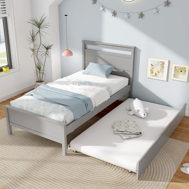 Giantex Trundle Bed Twin, Wood Day Bed Frame with Headboard &amp; Footboard