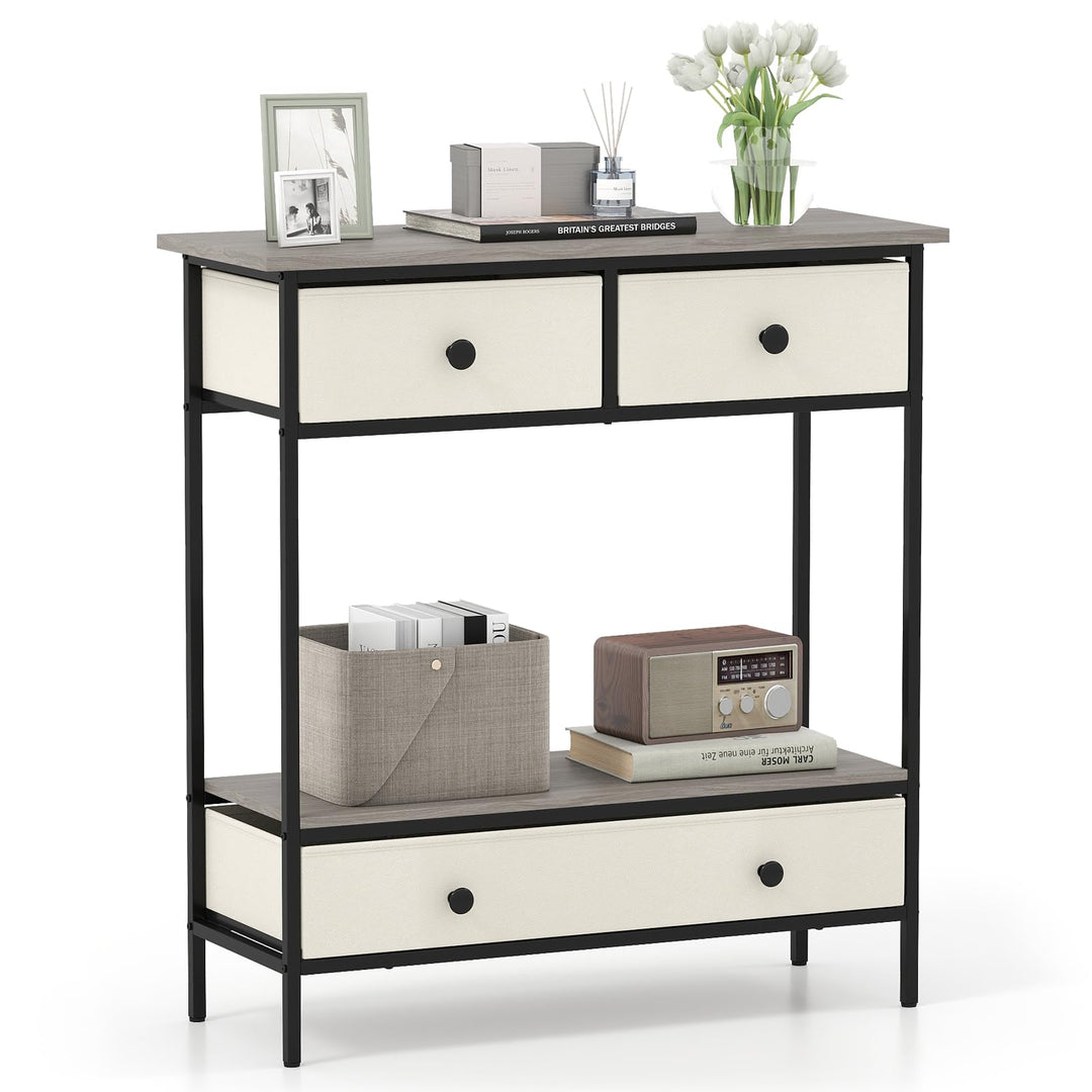 Giantex Farmhouse Console Table 32” Entryway Table with 3 Fabric Drawers &amp; Open Storage Shelf