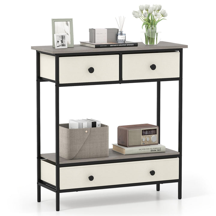 Giantex Farmhouse Console Table 32” Entryway Table with 3 Fabric Drawers &amp; Open Storage Shelf