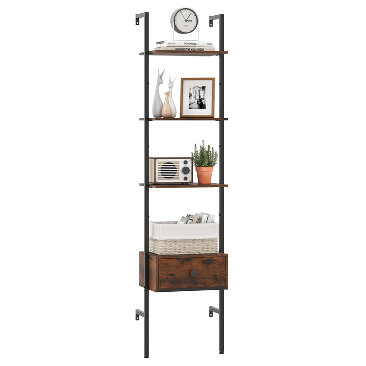 Giantex 5-Tier Ladder Bookcase with Drawer 70" Tall Wall-Mounted Bookshelf with Metal Frame