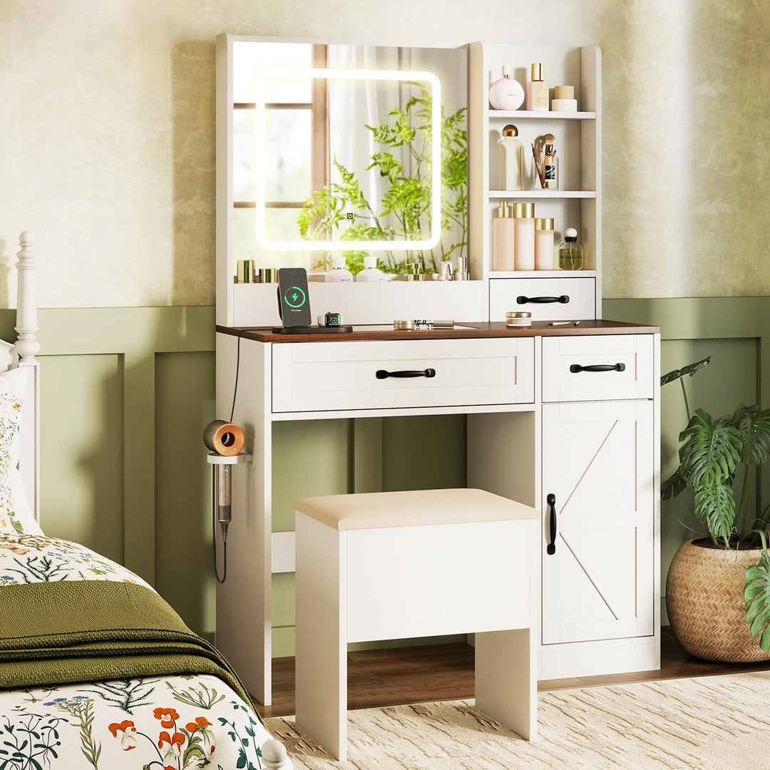 CHARMAID Glass Top Vanity Desk with Lighted Mirror Storage Stool &amp; Drawers