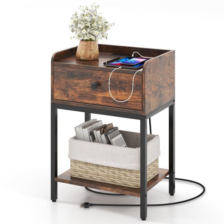 Giantex Nightstand with Charging Station, Industrial Bedside Table with Storage Drawer &amp; Open Shelf