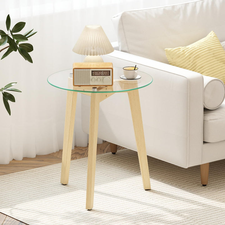 Giantex Glass Round Side Table w/Tempered Glass Top &amp; Rubber Wood Frame