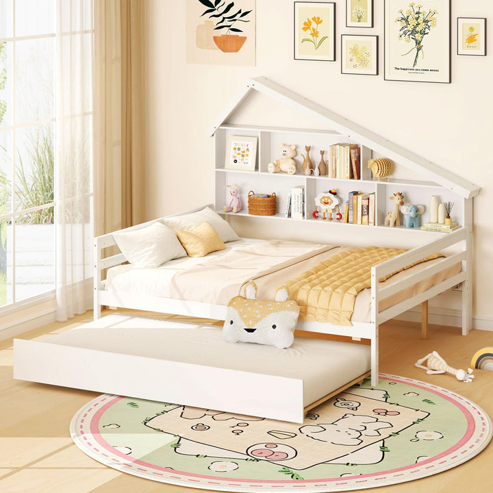 Giantex Full House Bed with Twin Trundle, Wood Daybed with 5 Cube Storage Bookcase &amp; Headboard