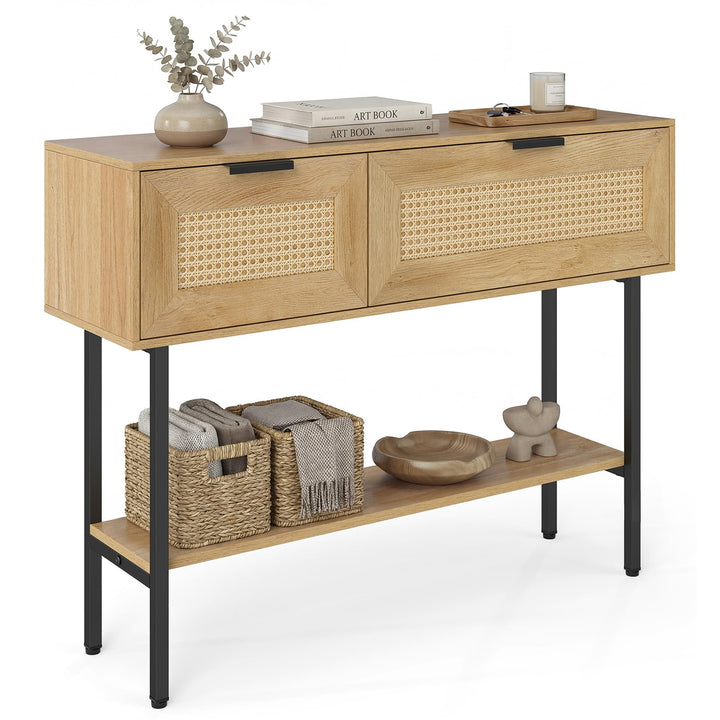 Giantex Rattan Console Table Boho Entryway Table with 2 Storage Cabinets