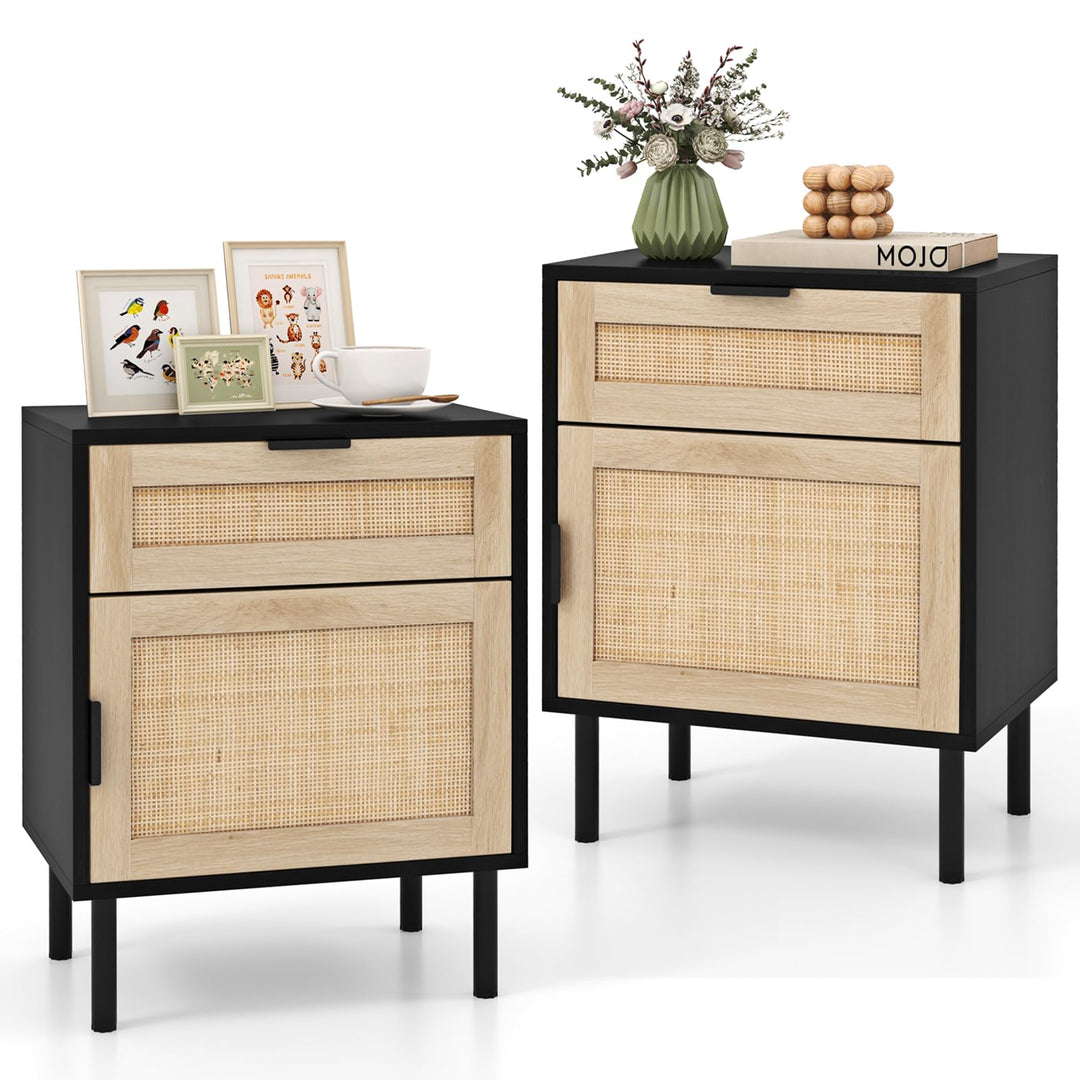 Giantex Rattan Nightstand Set of 2, Mid Century Modern End Table with Drawer &amp; Cabinet, Sofa Side Table with Sturdy Metal Legs