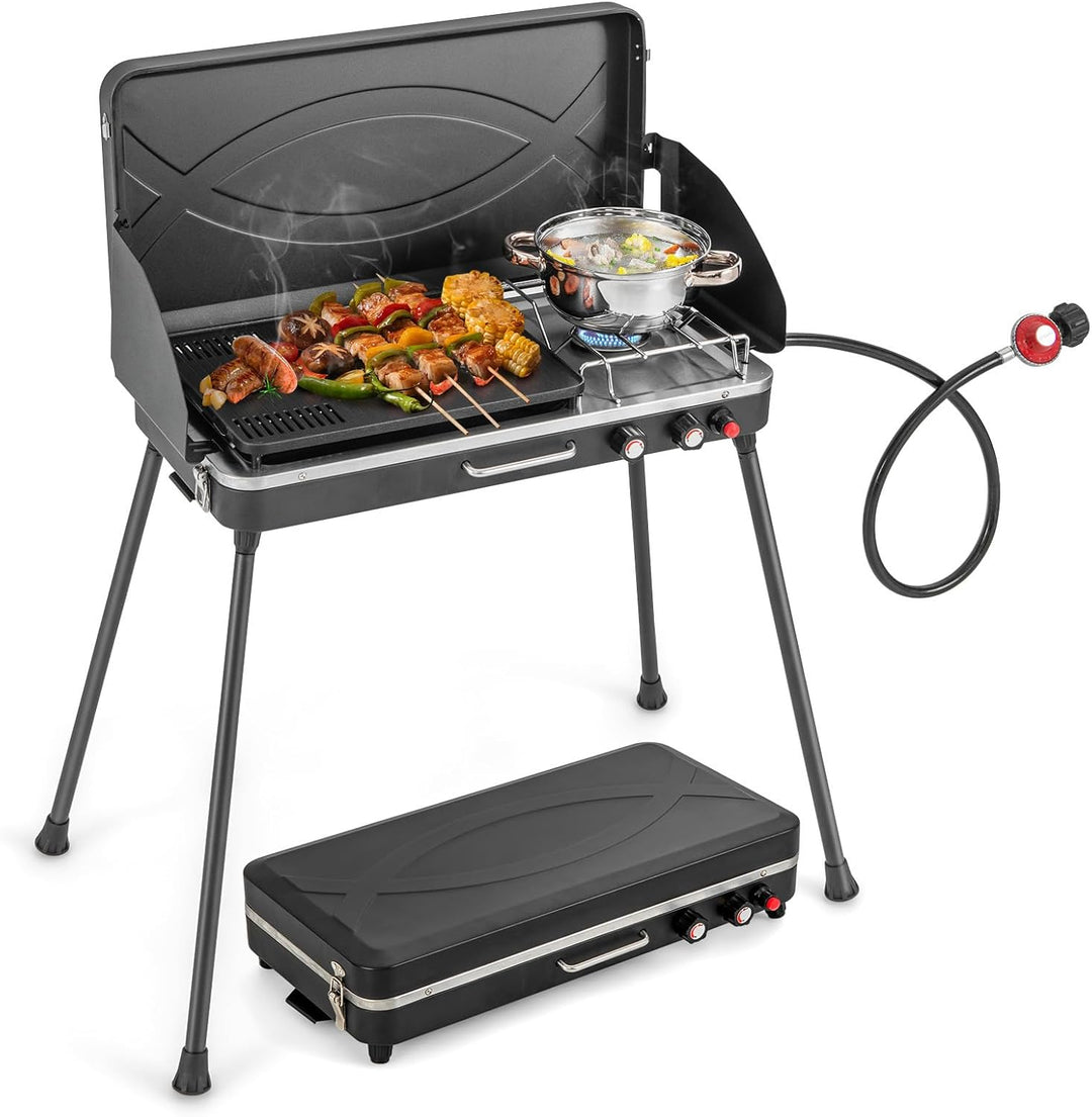 Giantex 2-in-1 Gas Camping Grill and Stove, Portable Propane Grill Burner, Gas Hose with Regulator, 20,000 Total BTUs