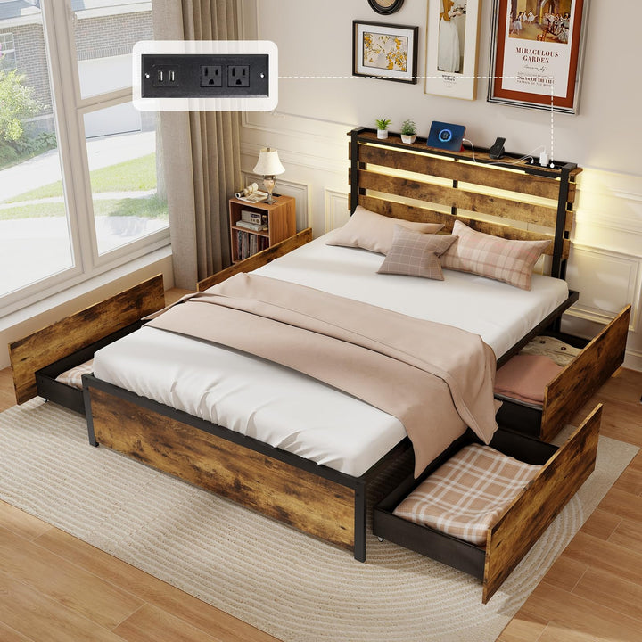Giantex Queen/Full/Twin Size Bed Frame with LED Lights Headboard and 4 Storage Drawers