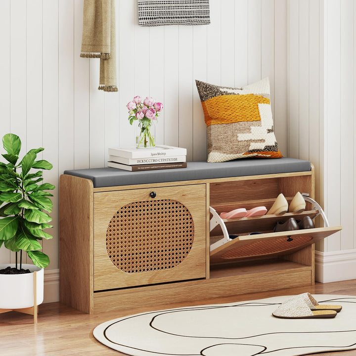 Giantex Rattan Shoe Storage Bench with 2 Flip Drawers &amp; Padded Seat Cushion