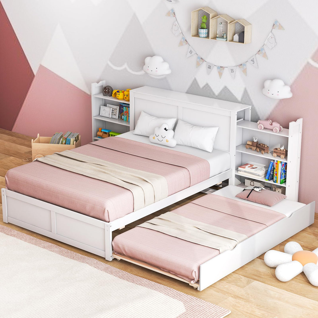 Giantex Full Bed Frame with Twin Trundle, Wooden Bed Wooden Bed Frame with 2 Rolling Bookcases &amp; High Headboard