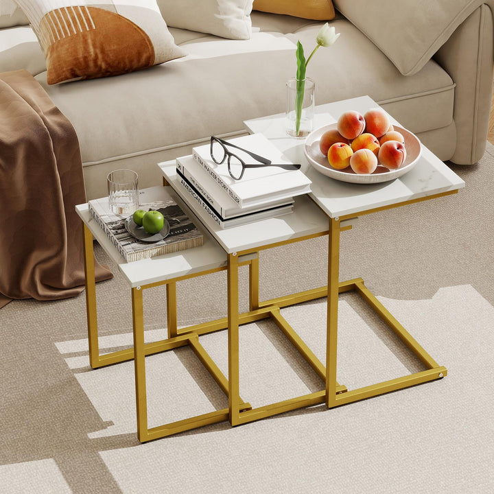 Giantex Nesting Coffee Table Set of 3 Stackable Square End Table w/Faux Marble Tabletop &amp; Heavy-Duty Metal Frame