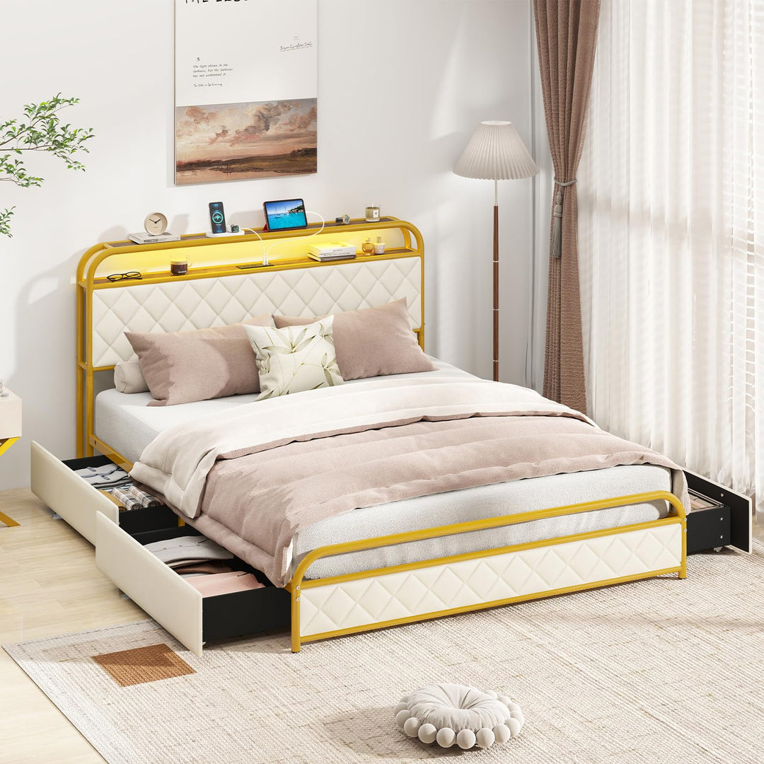 Giantex Queen/Full/Twin Size Bed Frame with 4 Storage Drawers and Charging Station