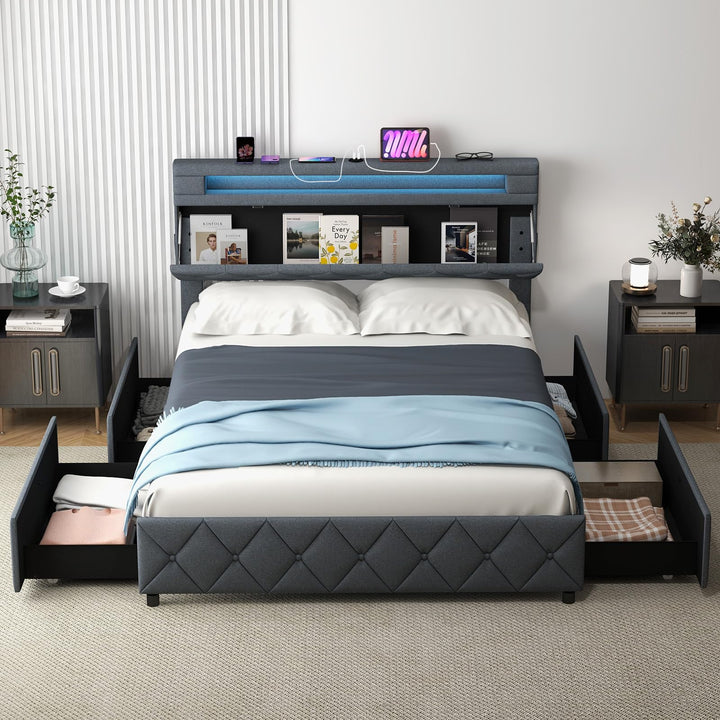 Giantex Queen/Full Size Bed Frame with Storage Headboard and 4 Drawers, Modern Upholstered Platform Bed with Charging Station