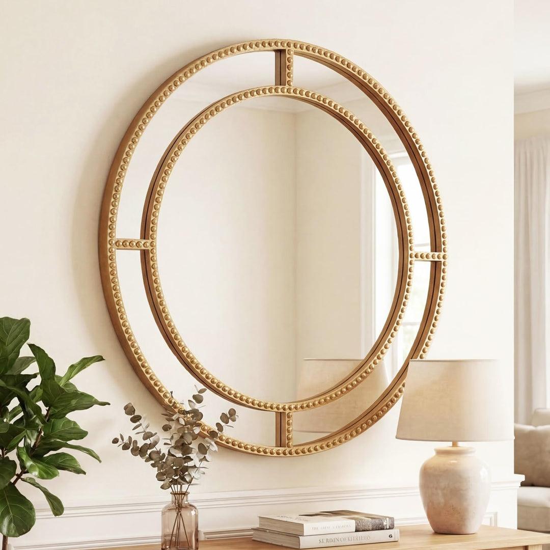 CHARMAID 28" Gold Round Wall Mirror with Beaded Frame