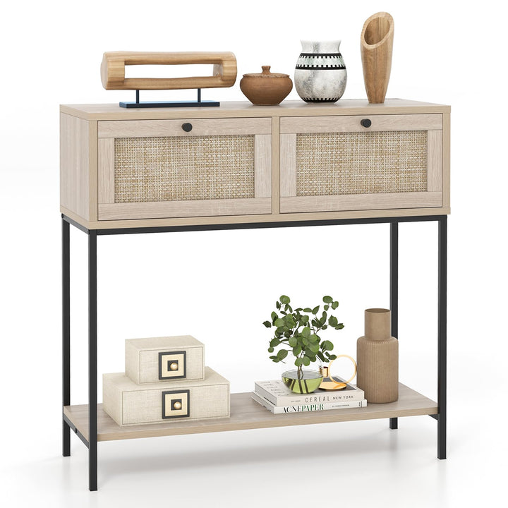 Giantex Console Table with Rattan Drawers - 31.5" Entryway Table w/ 2 Drawers &amp; Open Storage Shelf