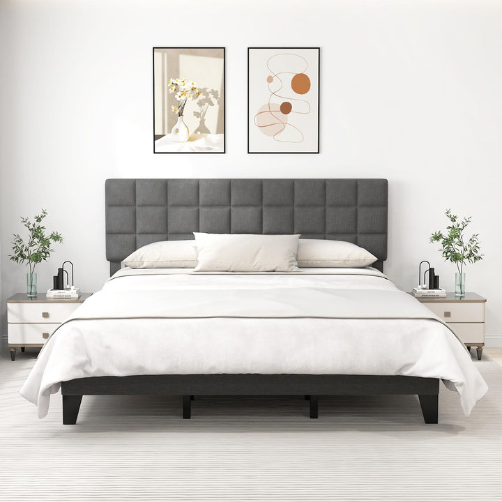 Giantex Full Size Platform Bed, Linen Fabric Upholstered Bed Frame with Adjustable Headboard &amp; Wooden Slat Support