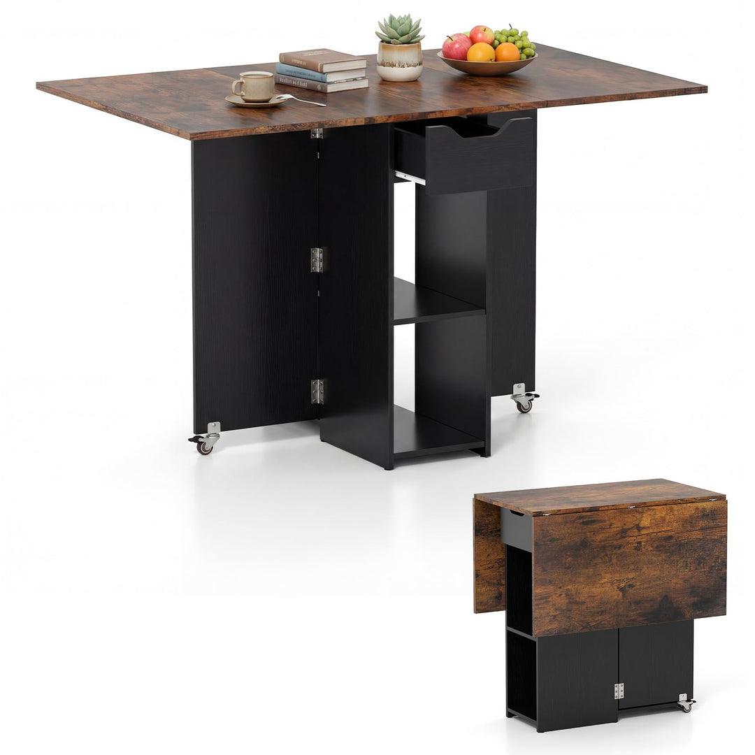 Giantex 47.5" Folding Dining Table | Drop Leaf Wooden Dinner Table with 2-Tier Storage Shelf and Drawer