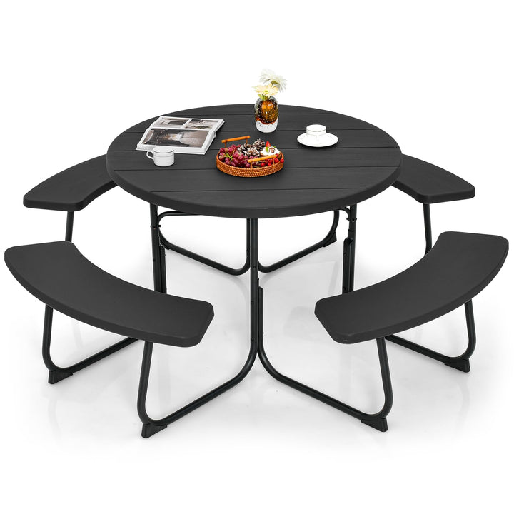 Giantex Picnic Table Set for Up to 8 Persons, Round Outdoor Table and Bench Set with Umbrella Hole