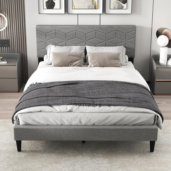 Giantex Queen/Full/Twin Size Upholstered Bed Frame Modern Platform Bed with Linen Fabric Geometric Headboard