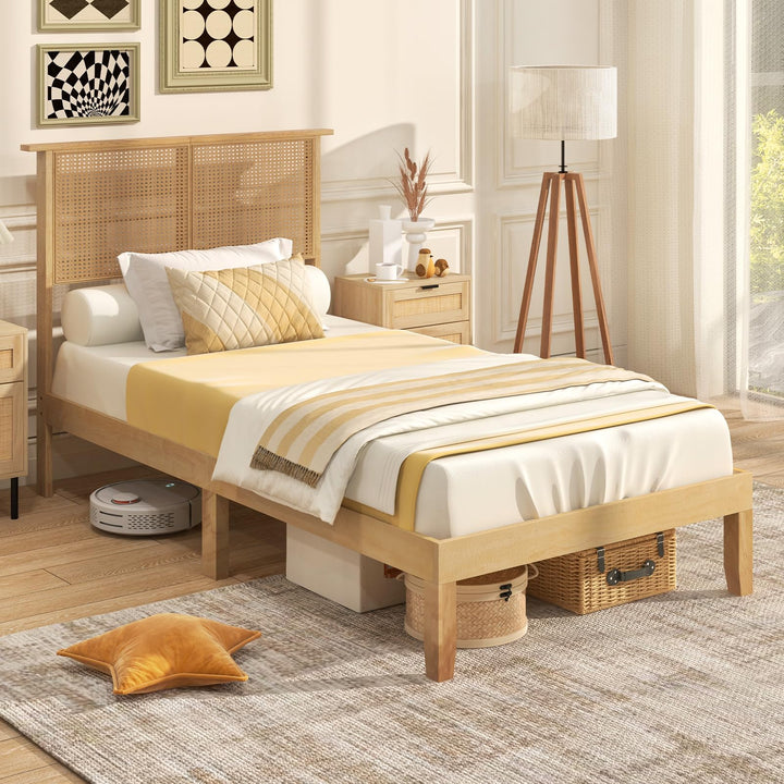 Giantex Queen/Full/Twin Size Bed Frames with Rattan Headboard, Boho Solid Wood Platform Bed with Wooden Slats