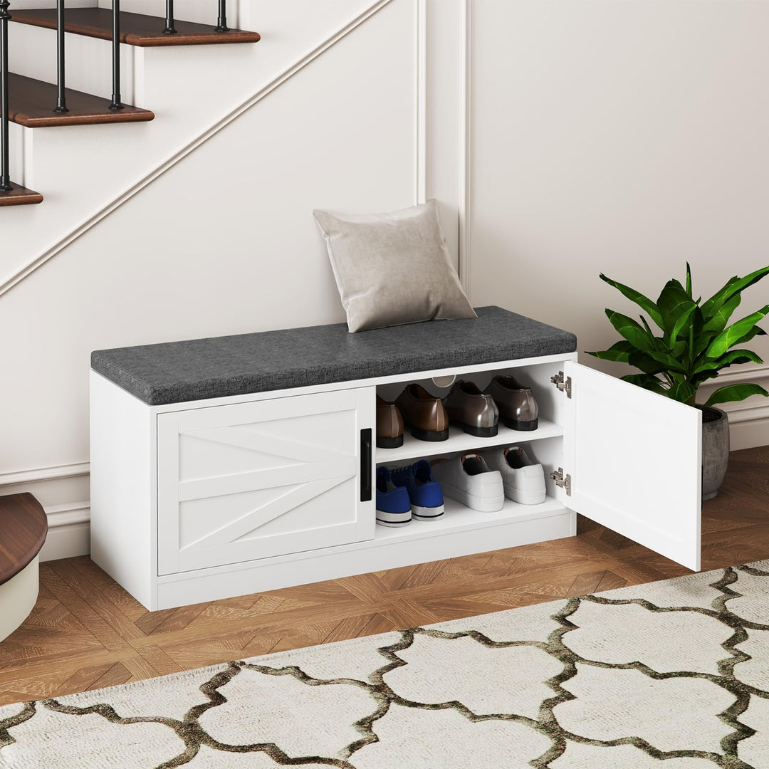 Giantex Shoe Storage Bench with Cushion, 2-Tier Entryway Bench w/2 Barn Doors &amp; 2 Adjustable Shelves