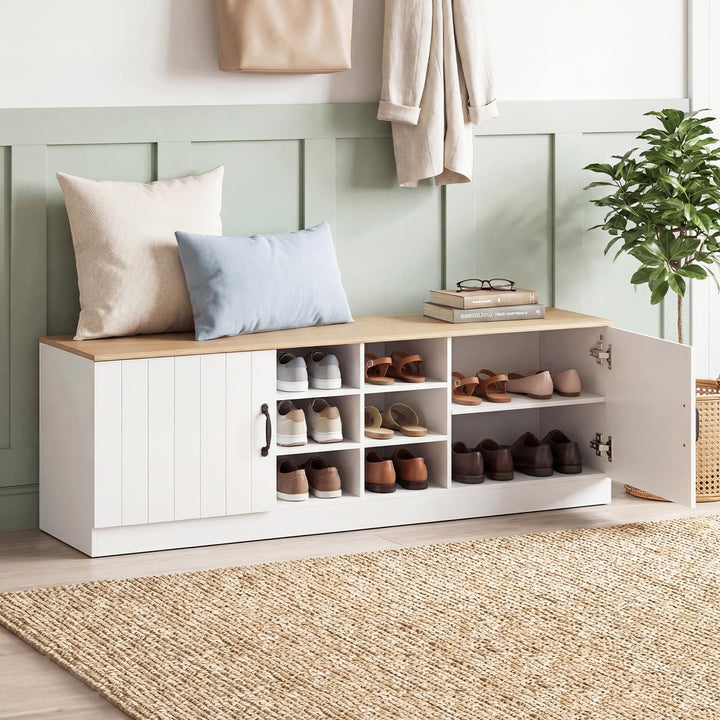 Giantex 2-Door Shoe Storage Bench Wooden Entryway Bench with Storage