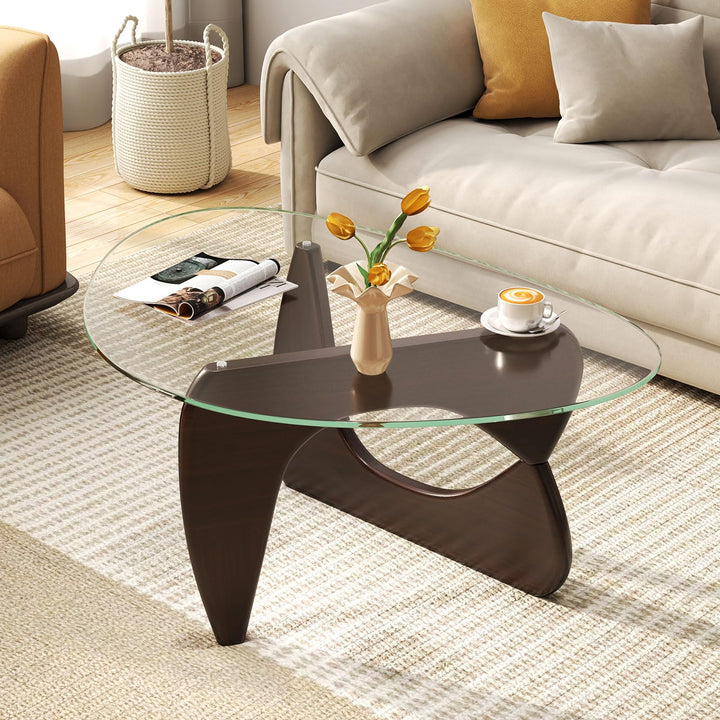 Giantex Triangle Glass Coffee Table, Solid Wood Tea Table with Tempered Glass Top &amp; Adjustable Base