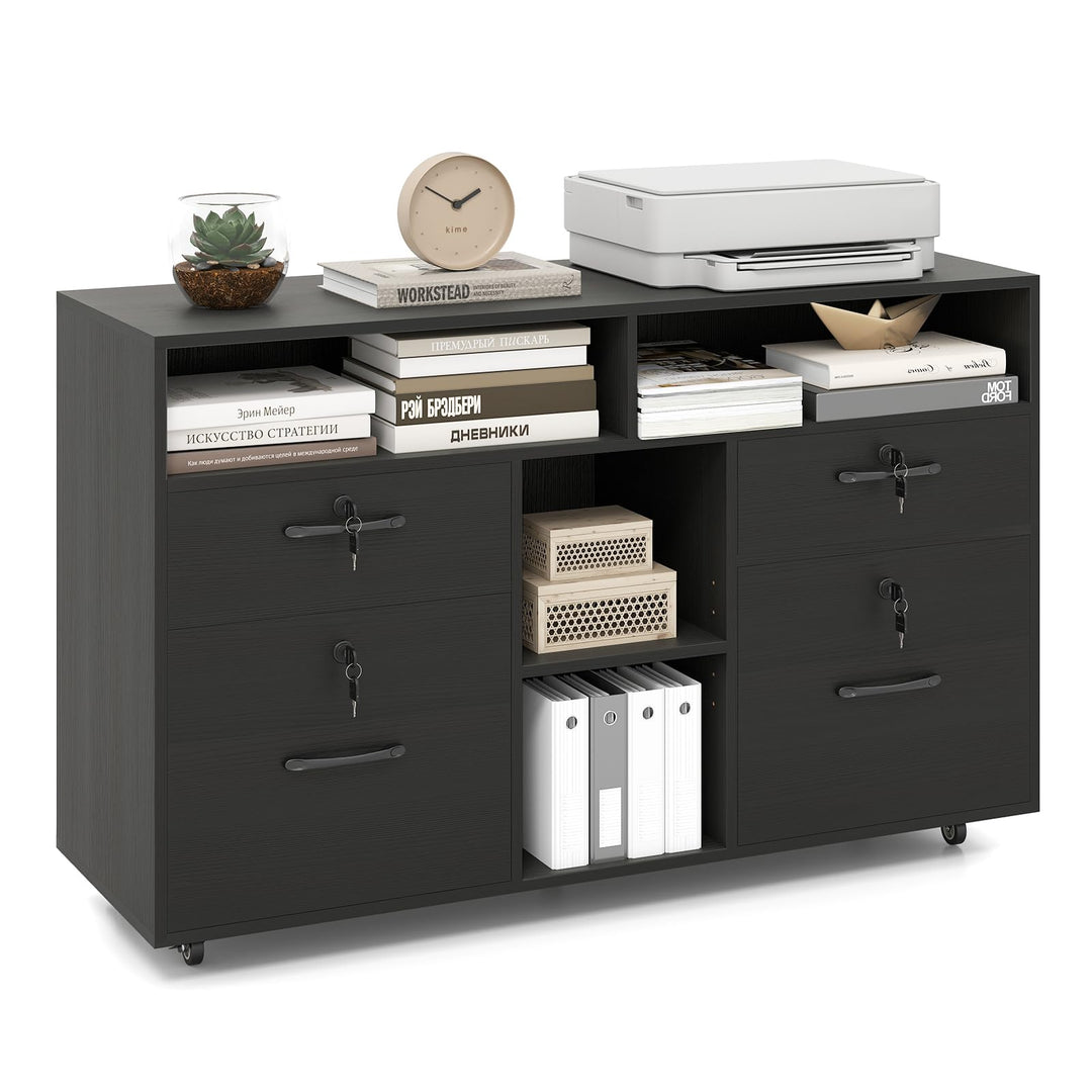 Giantex 4-Drawer Lateral File Cabinet with Lock &amp; 5 Rolling Wheels (2 Lockable)