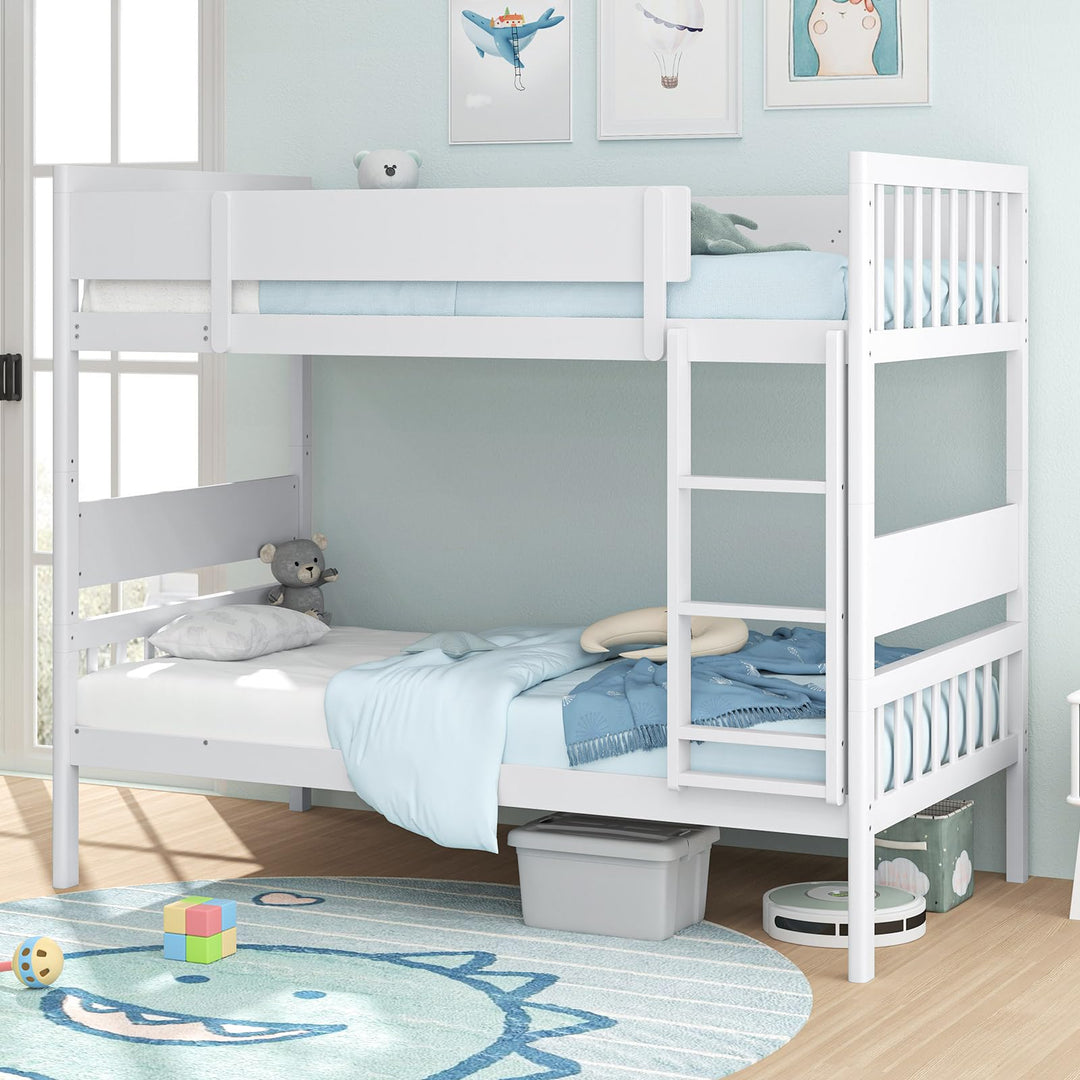 Giantex Wood Bunk Bed Twin Over Twin, Solid Wood Bunk Bed Frame with Ladder &amp; Safety Guardrails